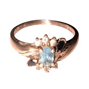 VTG Joseph E Demarco Ring Size 9 JED Sterling Aquamarine Onyx Crystal Flower